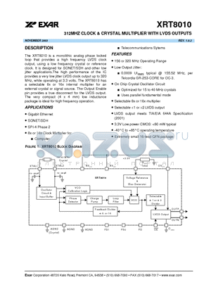 XRT8010IL datasheet - 312MHZ CLOCK & CRYSTAL MULTIPLIER WITH LVDS OUTPUTS