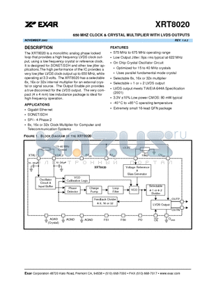 XRT8020 datasheet - 650 MHZ CLOCK & CRYSTAL MULTIPLIER WITH LVDS OUTPUTS