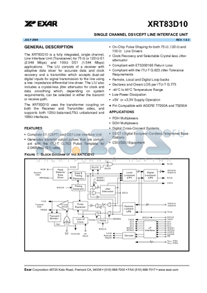 XRT83D10IW datasheet - SINGLE CHANNEL DS1/CEPT LINE INTERFACE UNIT