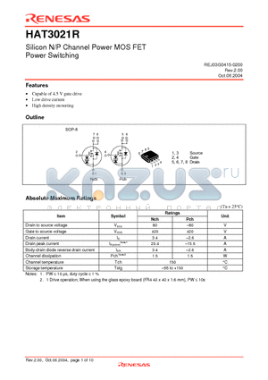 HAT3021R datasheet - Silicon N/P Channel Power MOS FET Power Switching