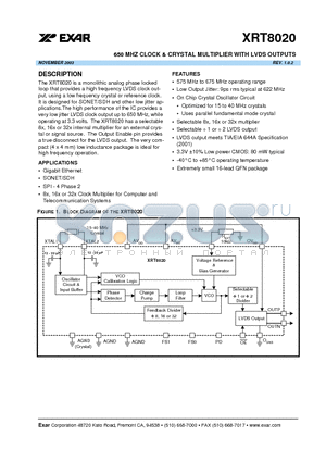 XRT8020IL datasheet - 650 MHZ CLOCK & CRYSTAL MULTIPLIER WITH LVDS OUTPUTS