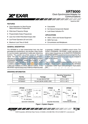 XRT8000ID datasheet - Clock Synchronizer/Adapter for Communications