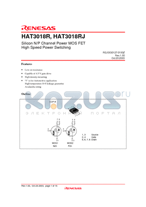 HAT3018R datasheet - Silicon N/P Channel Power MOS FET High Speed Power Switching