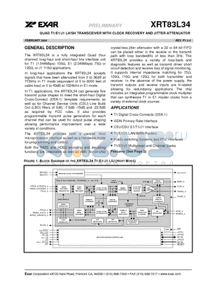 XRT83L34 datasheet - QUAD T1/E1/J1 LH/SH TRANSCEIVER WITH CLOCK RECOVERY AND JITTER ATTENUATOR