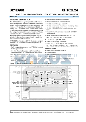 XRT82L24IV datasheet - QUAD E1 LINE TRANSCEIVER WITH CLOCK RECOVERY AND JITTER ATTENUATOR