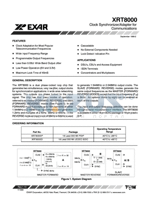 XRT8000IP datasheet - CLOCK SYNCHRONIZER/ADAPTER FOR COMMUNICATIONS