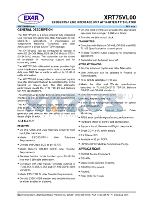 XRT75VL00 datasheet - E3/DS3/STS-1 LINE INTERFACE UNIT WITH JITTER ATTENUATOR