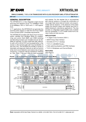 XRT83SL30IV datasheet - SINGLE-CHANNEL T1/E1/J1 SH TRANSCEIVER WITH CLOCK RECOVERY AND JITTER ATTENUATOR