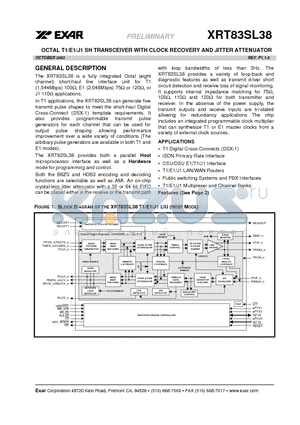 XRT83SL38 datasheet - OCTAL T1/E1/J1 SH TRANSCEIVER WITH CLOCK RECOVERY AND JITTER ATTENUATOR