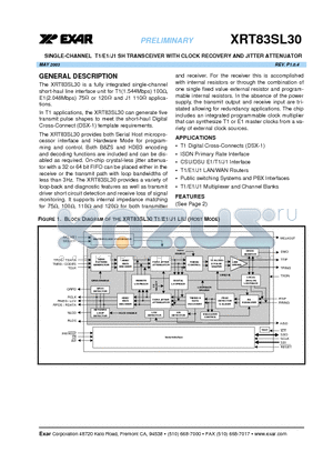 XRT83SL30 datasheet - SINGLE-CHANNEL T1/E1/J1 SH TRANSCEIVER WITH CLOCK RECOVERY AND JITTER ATTENUATOR