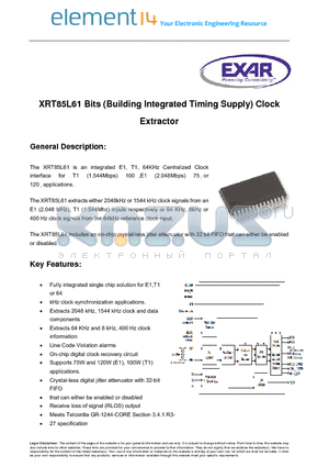 XRT85L61IG-F datasheet - BITS (Building Integrated Timing Supply) Clock Extractor