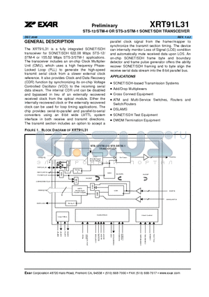 XRT91L31 datasheet - STS-12/STM-4 OR STS-3/STM-1 SONET/SDH TRANSCEIVER