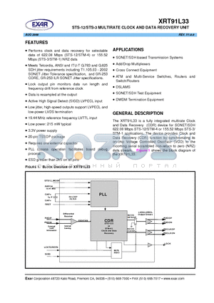 XRT91L33 datasheet - STS-12/STS-3 MULTIRATE CLOCK AND DATA RECOVERY UNIT