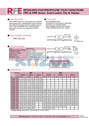 PMT103J2G datasheet - METALIZED POLYPROPYLENE FILM CAPACITORS PMT & PMF Series: Axial Leaded, Flat & Tubular