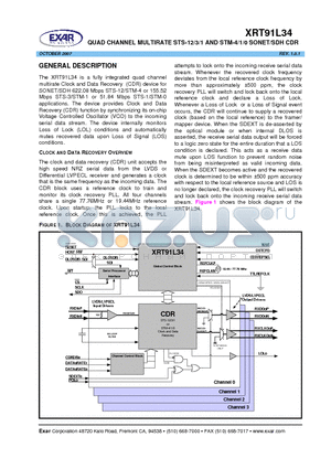 XRT91L34 datasheet - QUAD CHANNEL MULTIRATE STS-12/3/1 AND STM-4/1/0 SONET/SDH CDR