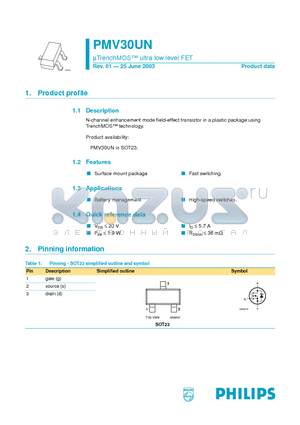 PMV30UN datasheet - UTrenchMOS ultra low level FET