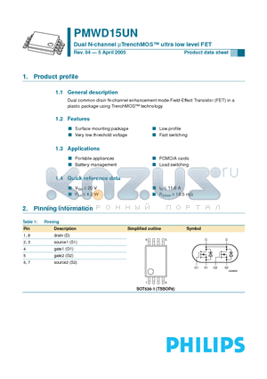 PMWD15UN datasheet - Dual N-channel mTrenchMOS ultra low level FET