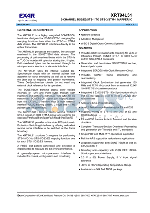 XRT94L31 datasheet - 3-CHANNEL DS3/E3/STS-1 TO STS-3/STM-1 MAPPER IC