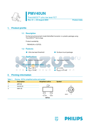 PMV40UN datasheet - TrenchMOS ultra low level FET