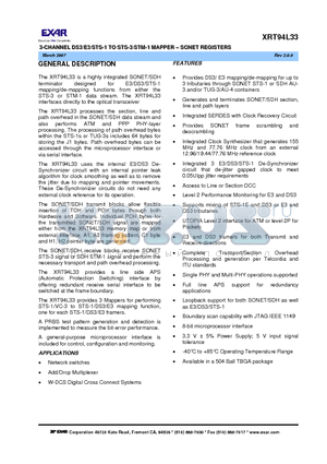 XRT94L33 datasheet - -CHANNEL DS3/E3/STS-1 TO STS-3/STM-1 MAPPER - SONET REGISTERS