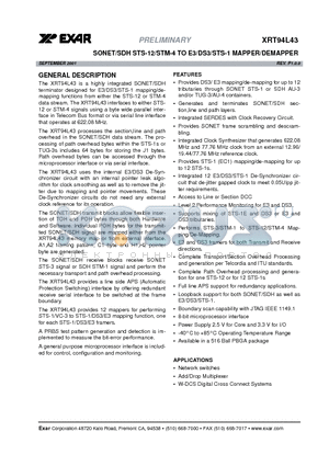 XRT94L43 datasheet - SONET/SDH STS-12/STM-4 TO E3/DS3/STS-1 MAPPER/DEMAPPER