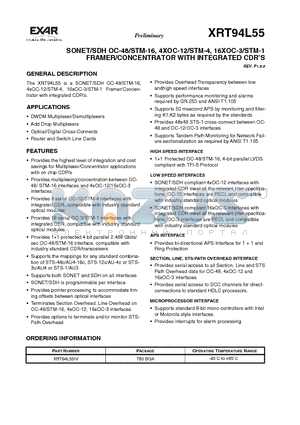 XRT94L55 datasheet - SONET/SDH OC-48/STM-16, 4XOC-12/STM-4, 16XOC-3/STM-1 FRAMER/CONCENTRATOR WITH INTEGRATED CDRS