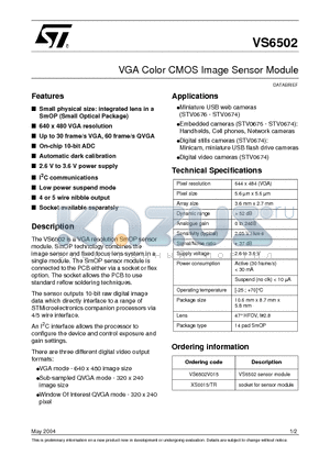 XS0015/TR datasheet - VGA Color CMOS Image Sensor Module