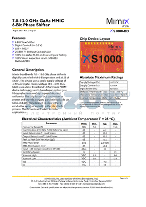 XS1000-BD_0708 datasheet - 7.0-13.0 GHz GaAs MMIC 6-Bit Phase Shifter
