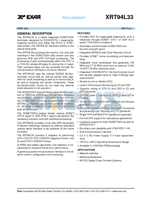 XRT94L33 datasheet - highly integrated SONET/SDH terminator