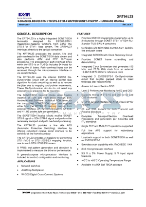 XRT94L33 datasheet - 3-CHANNEL DS3/E3/STS-1 TO STS-3/STM-1 MAPPER ATM/PPP -  HARWARE MANUAL