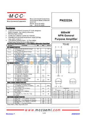 PN2222A datasheet - 600mW NPN General Purpose Amplifier