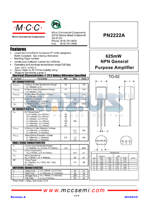 PN2222A datasheet - 625mW NPN General Purpose Amplifier