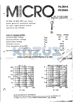 PN3644 datasheet - PNP SILICON PLANAR EPITAXIAL TRANSISTORS