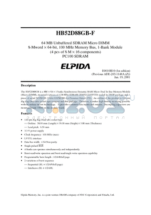 HB52D88GB-B6FL datasheet - 64 MB Unbuffered SDRAM Micro DIMM 8-Mword d 64-bit, 100 MHz Memory Bus, 1-Bank Module (4 pcs of 8 M d 16 components) PC100 SDRAM