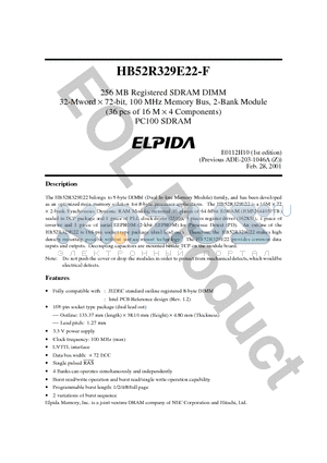 HB52R329E22-F datasheet - 256 MB Registered SDRAM DIMM 32-Mword  72-bit, 100 MHz Memory Bus, 2-Bank Module (36 pcs of 16 M  4 Components) PC100 SDRAM