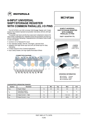 MC74F299N datasheet - 8-INPUT UNIVERSAL SHIFT/STORAGE REGISTER WITH COMMON PARALLEL I/O PINS