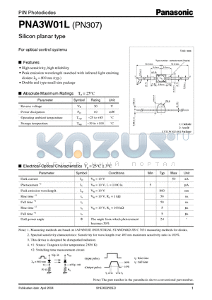 PNA3W01L datasheet - Silicon planar type For optical control systems