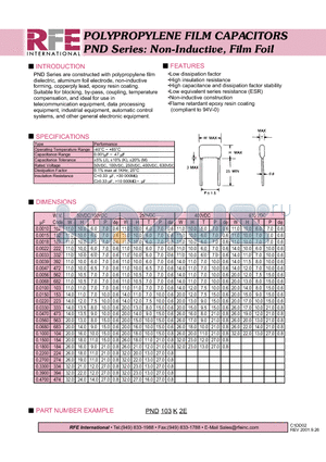 PND103K2E datasheet - POLYPROPYLENE FILM CAPACITORS PND Series: Non-Inductive, Film Foil