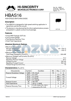 HBAS16 datasheet - HIGH-SPEED SWITCHING DIODE