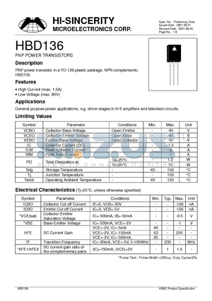 HBD136 datasheet - PNP POWER TRANSISTORS