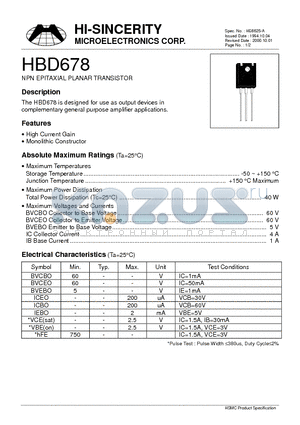 HBD678 datasheet - NPN EPITAXIAL PLANAR TRANSISTOR