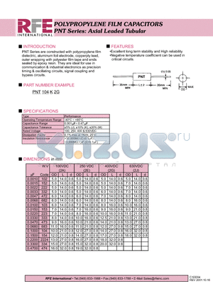 PNT104K2G datasheet - POLYPROPYLENE FILM CAPACITORS PNT Series: Axial Leaded Tubular