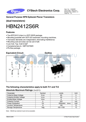 HBN2412S6R datasheet - General Purpose NPN Epitaxial Planar Transistors (dual transistors)