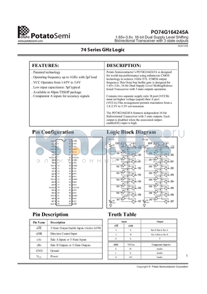 PO74G164245A datasheet - 1.65v-3.6v, 16-bit Dual Supply Level Shifting Bidirectional Transceiver with 3 state outputs