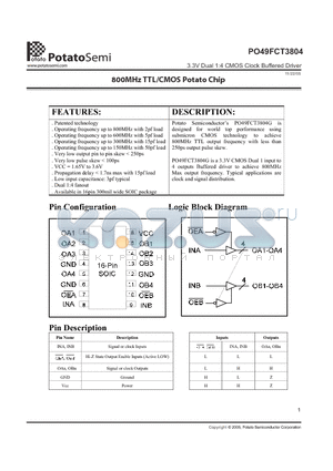 PO49FCT3804S datasheet - 3.3V Dual 1:4 CMOS Clock Buffered Driver