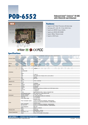 POD-6552L-00A1E datasheet - Onboard Intel^ Celeron^ M SBC with VGA/LCD and Ethernet