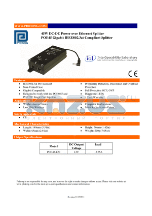 POE45-120 datasheet - 45W DC-DC Power Over Ethernet Splitter