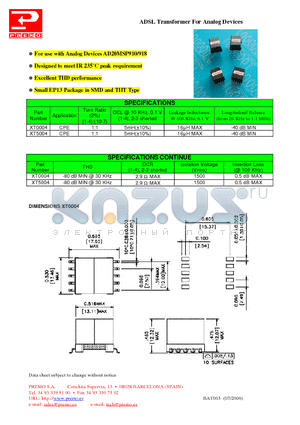 XT0004 datasheet - ADSL Transformer For Analog Devices