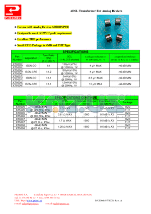 XT0007 datasheet - ADSL Transformer For Analog Devices