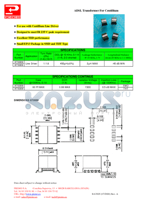 XT0009 datasheet - ADSL Transformer For Centillium
